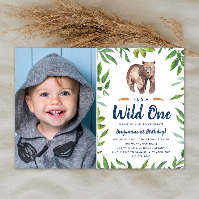 Convite Urso de Aquarela Selvagem Um | Festa de aniversári (Criador carregado)