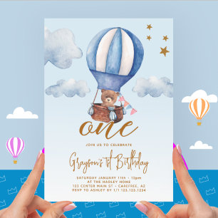 Convite Urso de Balão de Ar Quente Aniversário de 1 Ano