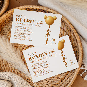 Convite Urso de Balão de Ouro Elegante Quase Não Espera Ne