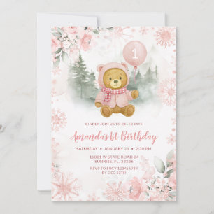 Convite Urso de Balão Rosa Dourado de Inverno Aniversário 