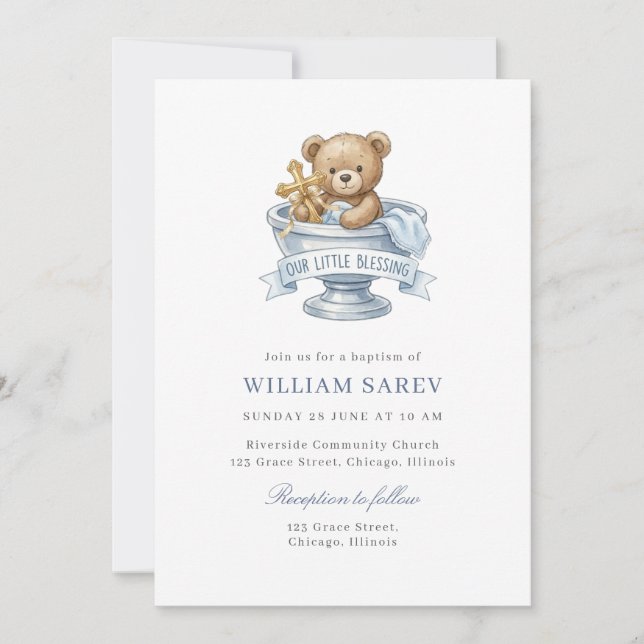 Convite Urso de Batismo em Aquarela Azul Doce (Frente)