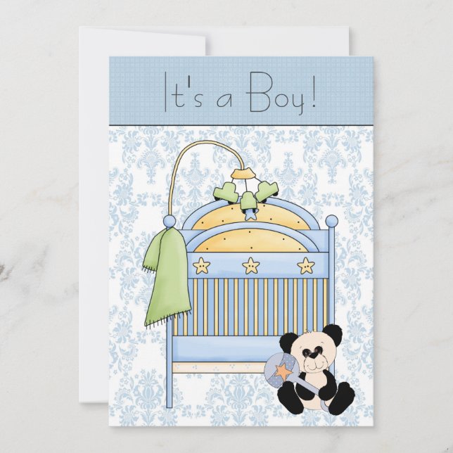 Convite Urso de Bebê Azul Damask Chá de Bebê (Frente)