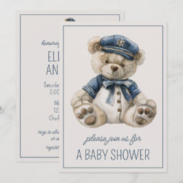 Convite Urso de Bebê Azul Náutico Fofo Personalizado
