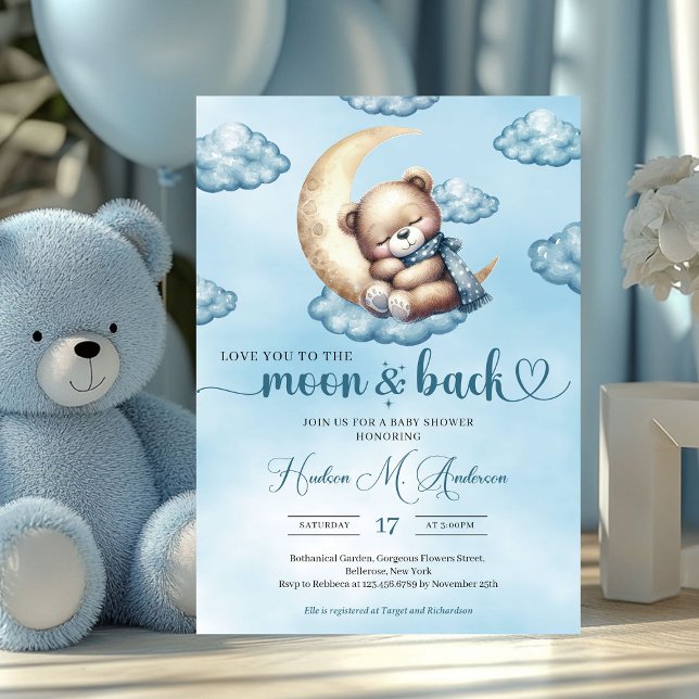Convite Urso-de-cabeça-branca, azul-d-água, e ursinho-de-p (love you to the moon and back - boy baby shower invitation)