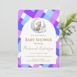 Convite Urso de chuveiro de bebê menino xadrez azul e roxo