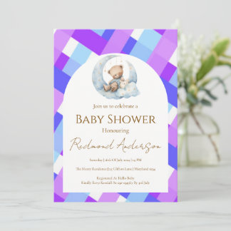 Convite Urso de chuveiro de bebê menino xadrez azul e roxo