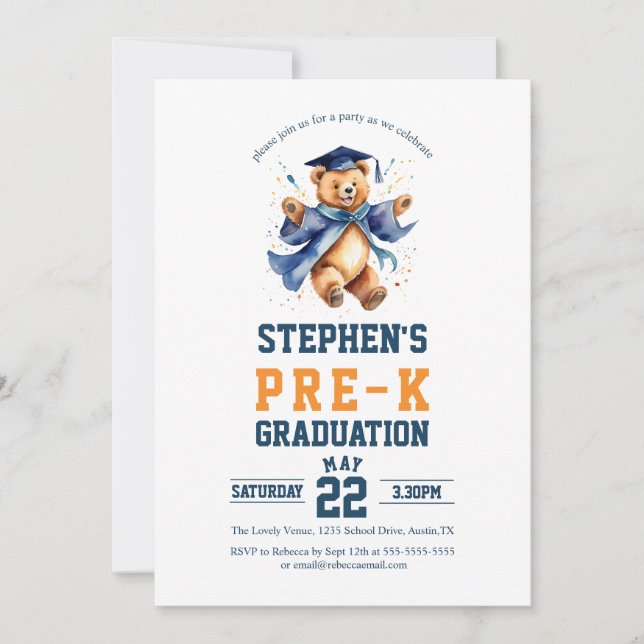 Convite Urso de Fenda Pré-K Festa de formatura (Frente)