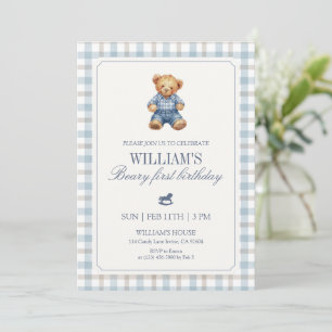 Convite Urso de Ginga Azul Beary Primeiro Aniversário Meni