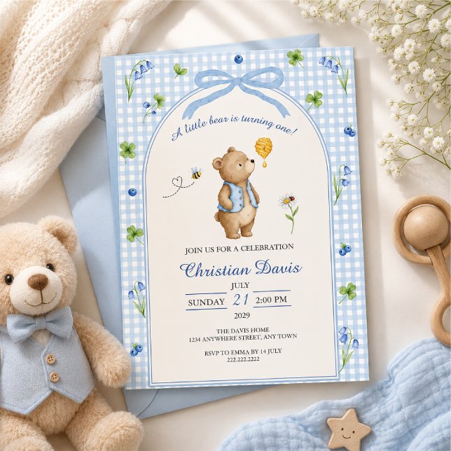 Convite Urso de Ginga Azul Primeiro Aniversário (Criador carregado)