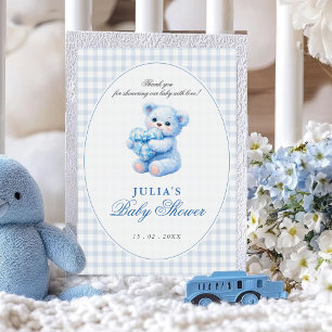 Convite Urso de Gingham Azul Churrasco de Bebê Neutro