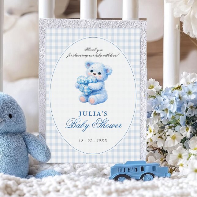 Convite Urso de Gingham Azul Churrasco de Bebê Neutro (Criador carregado)