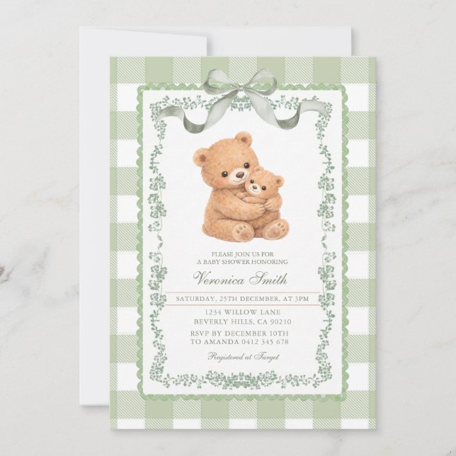 Convite Urso de Gingham Verde Sage Mãe e Bebê  (Frente)