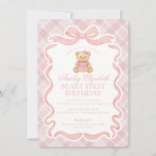 Convite Urso de Laço Coquete Rosa Aniversário de Um Ano