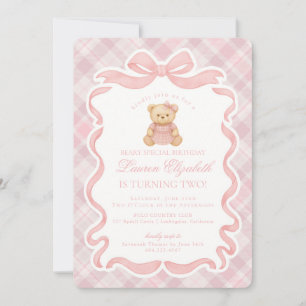 Convite Urso de Laço Coquete Rosa Aniversário Xadrez Tartã