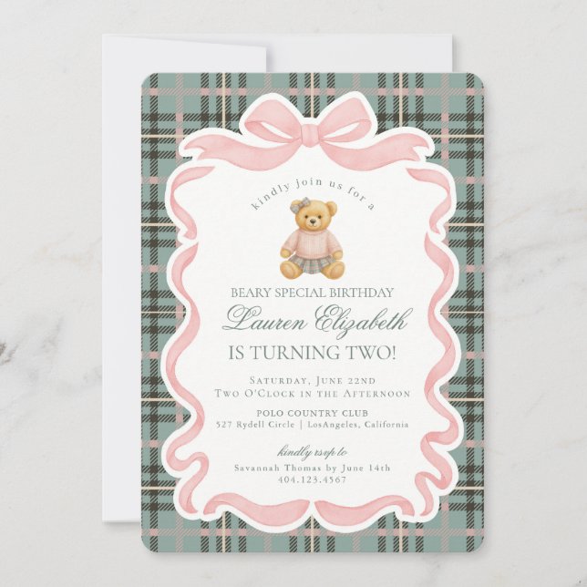 Convite Urso de Laço Coquete Rosa Aniversário Xadrez Tartã (Frente)