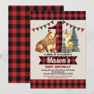 Convite Urso de lumberjack de primeiro aniversário de búfa