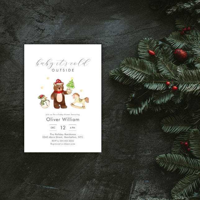 Convite Urso de Madeira de Inverno Chuveiro de Bebê Boneco (Winter Woodland Teddy Bear Snowman Baby Shower Invitation)