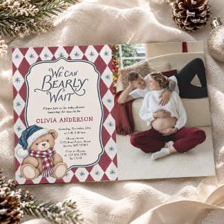 Convite Urso de Natal Vintage Foto de Chá de Bebê Préppy