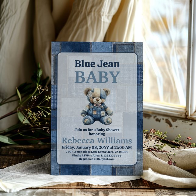 Convite Urso de Patchwork de Denim Brinquedo Azul Chá de B (Criador carregado)