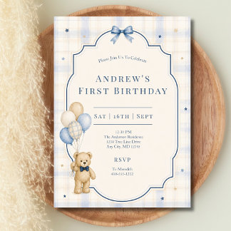 Convite Urso de Pelúcia 1º Primeiro Aniversário Bebê Menin