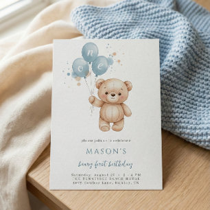 Convite Urso de Pelúcia Aniversário de 1 Ano Aquarela Azul