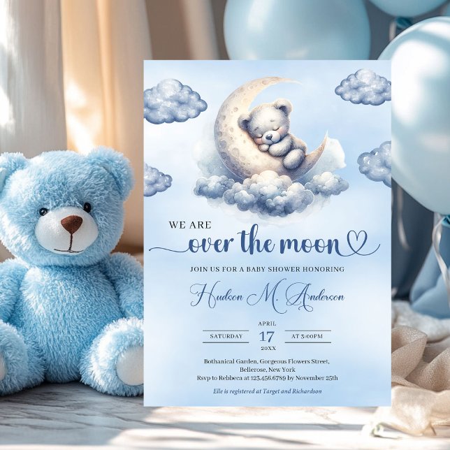 Convite Urso de pelúcia aquosa sobre o Chá de fraldas da l (we are over the moon boy baby shower invitation with teddy bear)