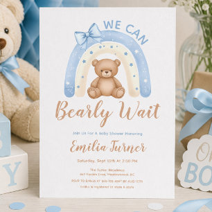 Convite Urso de Pelúcia Azul Arco-íris Menino Chá de Bebê