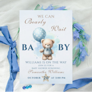 Convite Urso de Pelúcia Azul Balão Baby Shower Quase