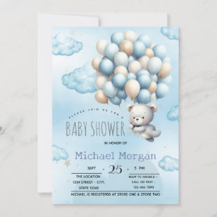 Convite Urso de pelúcia azul balões nuvens Baby Chá de Beb