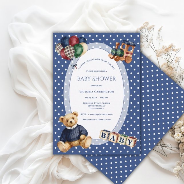 Convite Urso de pelúcia azul e branco com bolinhas, brinqu (Criador carregado)