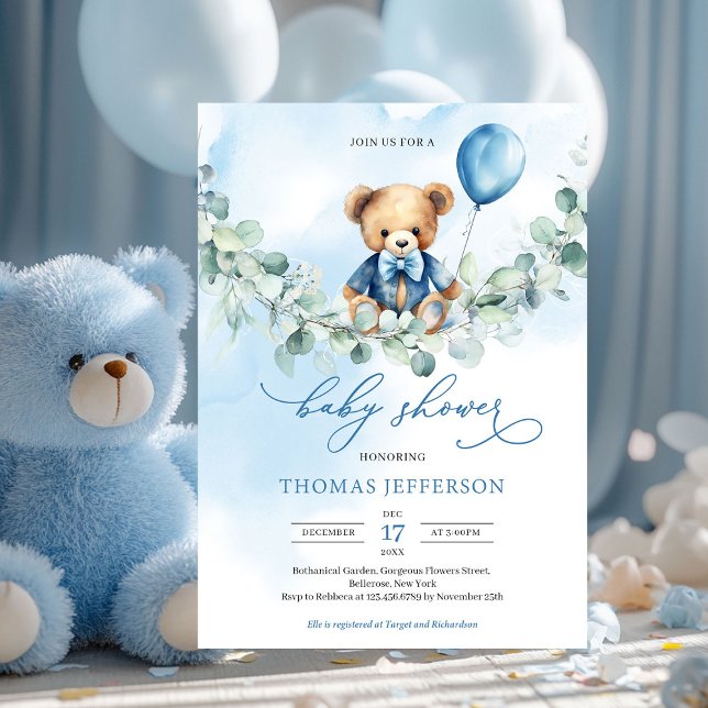 Convite Urso de pelúcia azul e castanho com balão (boy baby shower invitation with teddy bear with blue balloon on eucalyptus swing)