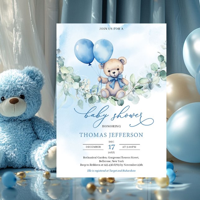 Convite Urso de pelúcia azul e castanho com balões (boy baby shower invitation with teddy bear)
