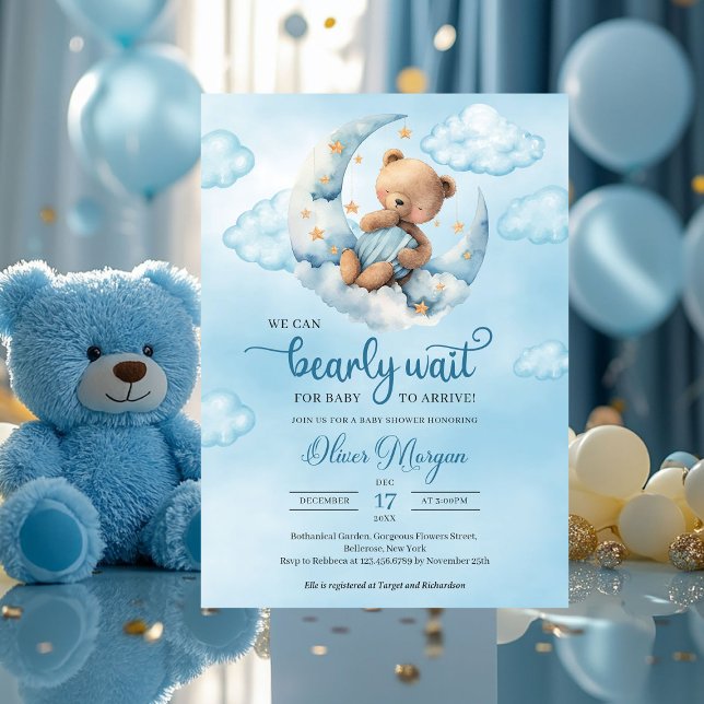 Convite Urso de pelúcia azul e castanho sobre a lua (boy baby shower invitation with teddy bear we can bearly wait )