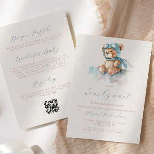 Convite Urso de Pelúcia Azul Fofo Código QR Festa de Bebê