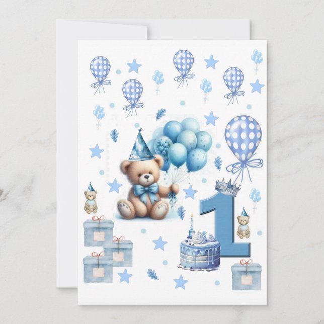 Convite Urso de Pelúcia Azul para Aniversário de 1 (Frente)