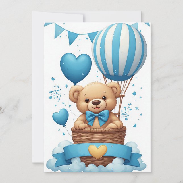 Convite Urso de pelúcia azul para chá de bebê 🧸 (Frente)