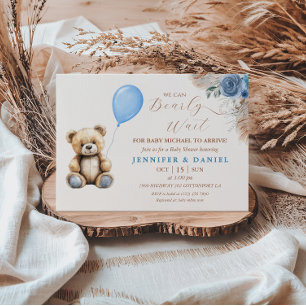 Convite Urso de pelúcia azul rústico, balão, floral para c