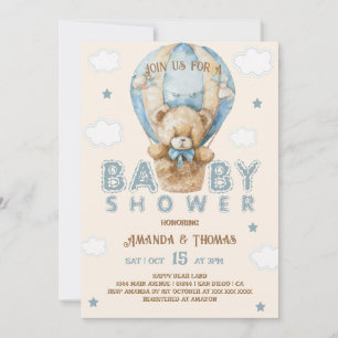 Convite Urso de pelúcia azul vintage chá de bebê masculino