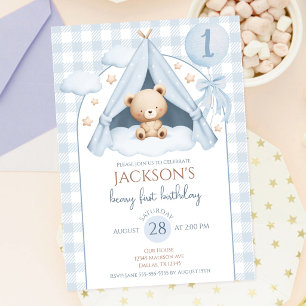 Convite Urso de pelúcia azul xadrez balão menino 1º aniver