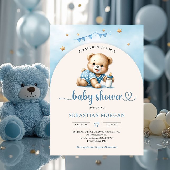 Convite Urso de pelúcia bonitinho com garçom (cute playful baby bear boy baby shower invitation digital)