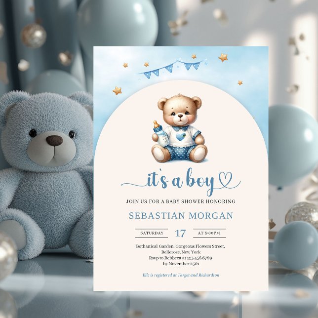 Convite Urso de pelúcia bonitinho com garçom (cute teddy bear with baby bottle arched boy baby shower invitation)