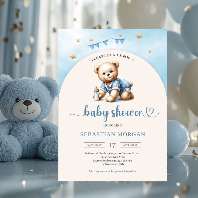 Convite Urso de pelúcia bonito com garçonete bebê (cute teddy bear with baby bottle arched boy baby shower invitation)