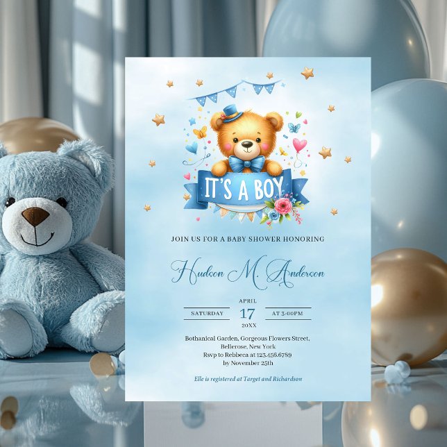 Convite Urso de pelúcia bonito é um chá de fraldas de meni (playful cute teddy bear it's a boy baby shower invitation)