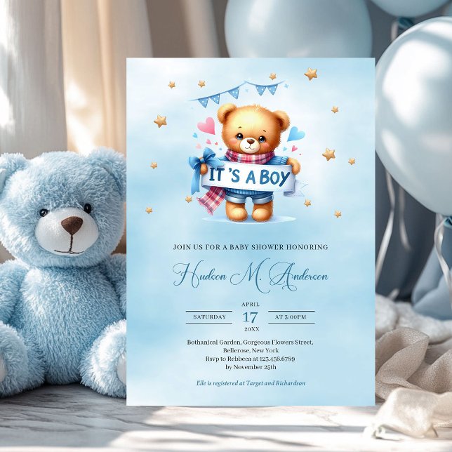 Convite Urso de pelúcia bonito é um chá de fraldas de meni (watercolor teddy bear with ribbon it's a boy baby shower invitation)