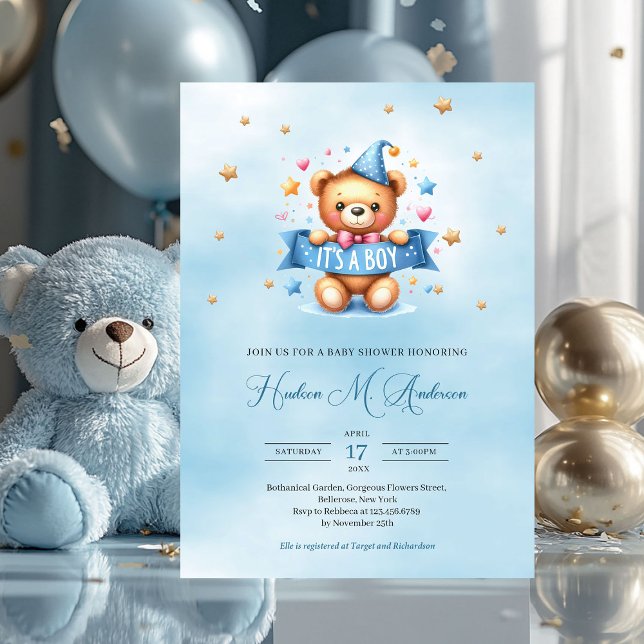 Convite Urso de pelúcia bonito é um chá de fraldas de meni (it's a boy baby shower invitation with teddy bear)