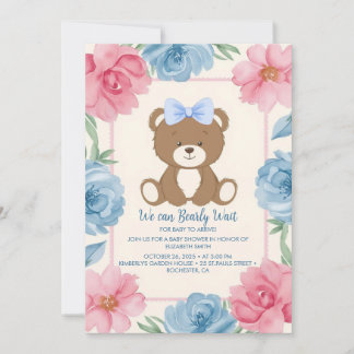 Convite Urso de pelúcia-branca com arco azul em rosas