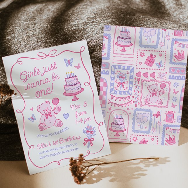 Convite Urso de pelúcia caprichoso rosa Desenhado à mão (Criador carregado)