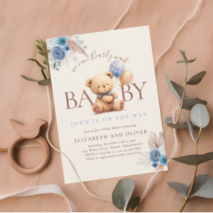 Convite Urso de Pelúcia com Balão Boho Rosa Azul Baby Show