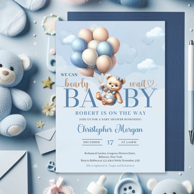 Convite Urso de pelúcia com balões descendo do céu (We can bearly wait - boy baby shower invitation teddy bear blue and brown balloons)