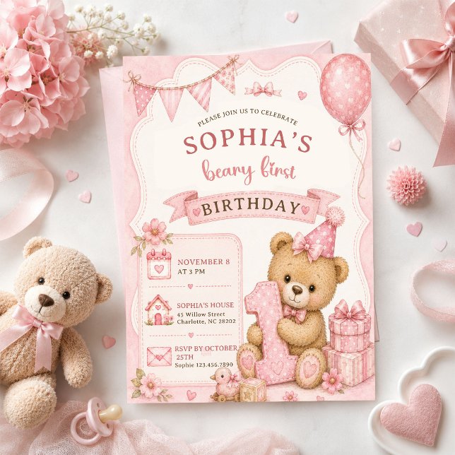 Convite Urso de pelúcia com laço rosa xadrez de aniversári (Criador carregado)